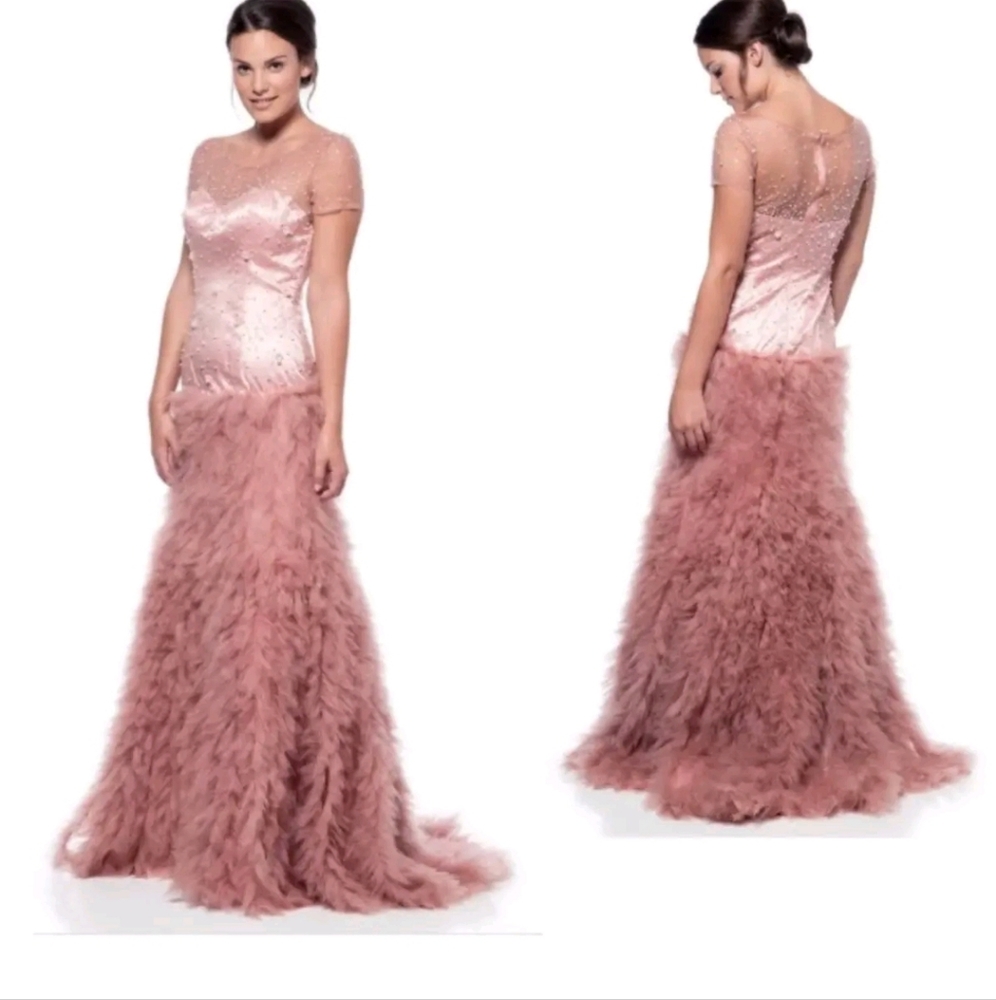 Faux Fur Rose Powdery Pink Evening Gown  mesh top beaded with pearls & sequin